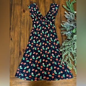 Vintage Free People Dress with Cherry Print on Black Background Size Medium